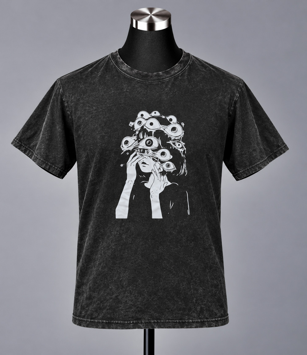 Eyes Girl Anime Graphic T-Shirt Black Acid Wash Manga Style Tee Size Large
